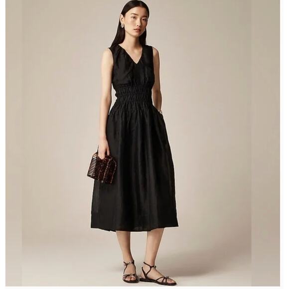 J. Crew Dresses & Skirts - J Crew Hyacinth V Neck Dress M NWT Black Ramie Midi CJ397 J.Crew Smock Resort
